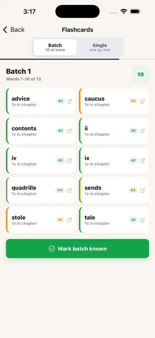 Batch flashcard review for vocabulary from reading in TeakReader.