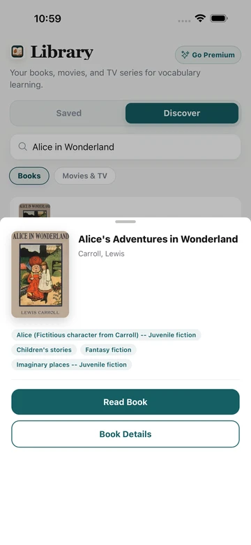 Alice’s Adventures in Wonderland book result in TeakReader Discover, with its cover, author, subjects, and reading options.