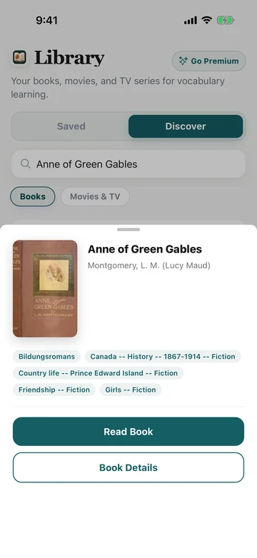 Anne of Green Gables book result in TeakReader Discover, with its cover, author, subjects, and reading options.