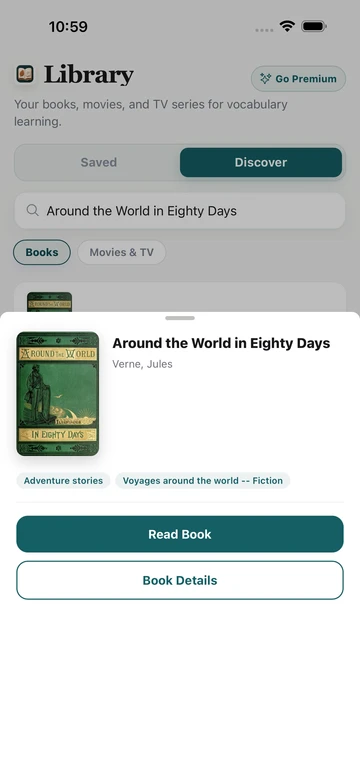 Around the World in Eighty Days book result in TeakReader Discover, with its cover, author, subjects, and reading options.