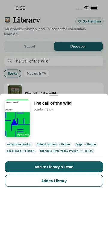 The Call of the Wild book result in TeakReader Discover, with its cover, author, subjects, and reading options.