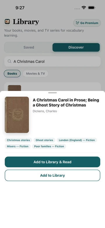 A Christmas Carol book result in TeakReader Discover, with its cover, author, subjects, and reading options.