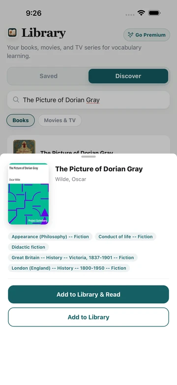 The Picture of Dorian Gray book result in TeakReader Discover, with its cover, author, subjects, and reading options.