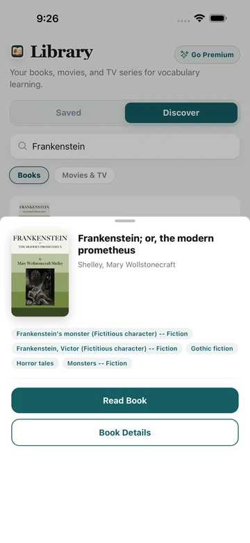 Frankenstein; or, The Modern Prometheus book result in TeakReader Discover, with its cover, author, subjects, and reading options.