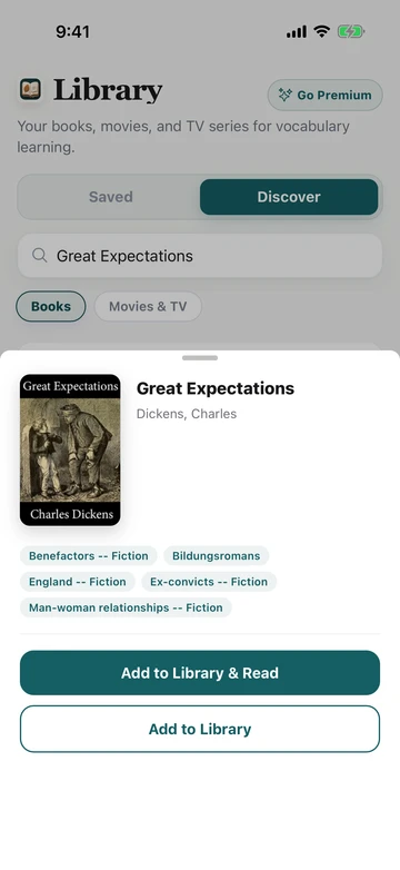 Great Expectations book result in TeakReader Discover, with its cover, author, subjects, and reading options.