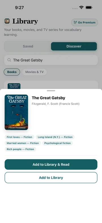 The Great Gatsby book result in TeakReader Discover, with its cover, author, subjects, and reading options.