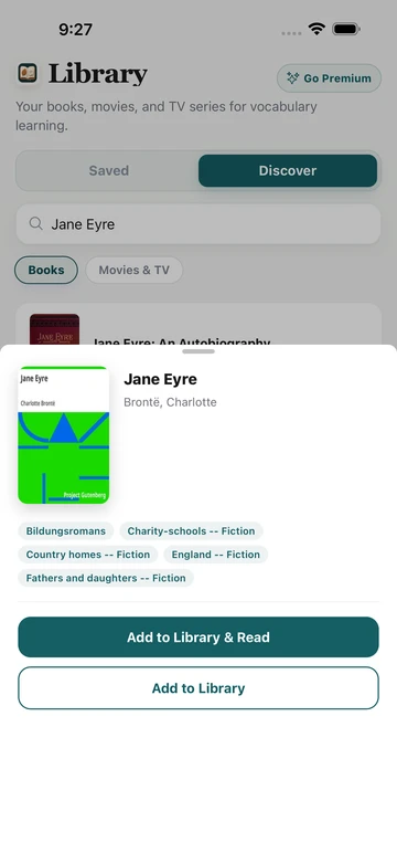 Jane Eyre book result in TeakReader Discover, with its cover, author, subjects, and reading options.