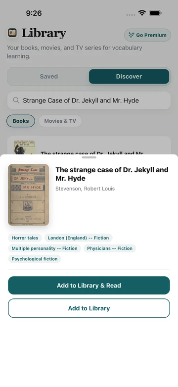 Strange Case of Dr Jekyll and Mr Hyde book result in TeakReader Discover, with its cover, author, subjects, and reading options.