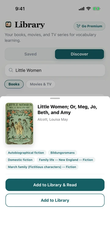 Little Women book result in TeakReader Discover, with its cover, author, subjects, and reading options.
