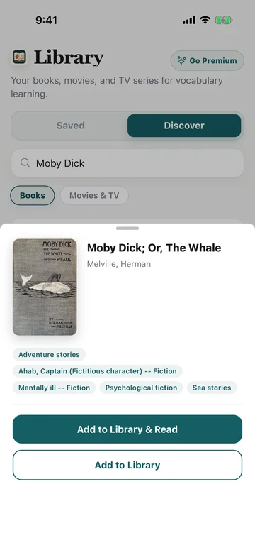 Moby-Dick book result in TeakReader Discover, with its cover, author, subjects, and reading options.