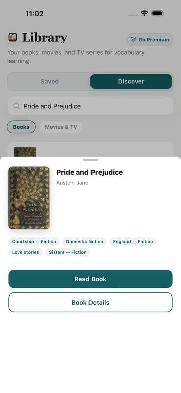 Pride and Prejudice book result in TeakReader Discover, with its cover, author, subjects, and reading options.