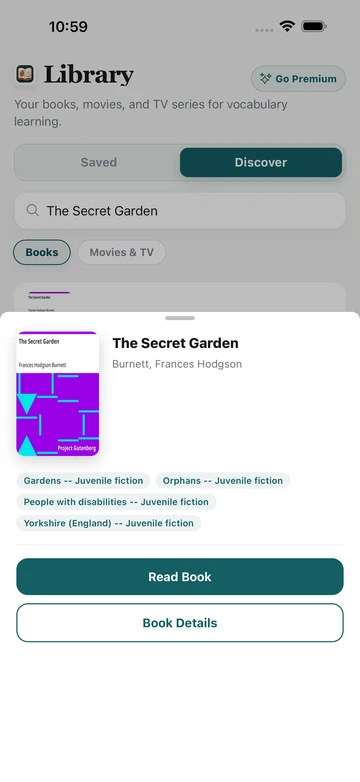 The Secret Garden book result in TeakReader Discover, with its cover, author, subjects, and reading options.