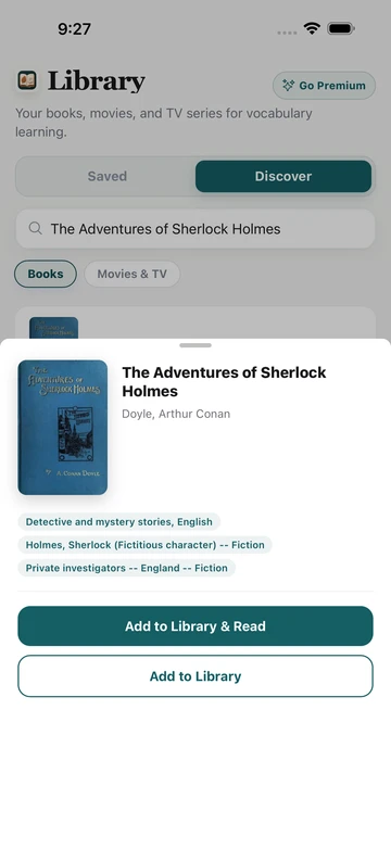 The Adventures of Sherlock Holmes book result in TeakReader Discover, with its cover, author, subjects, and reading options.
