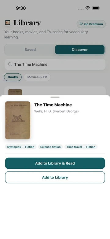 The Time Machine book result in TeakReader Discover, with its cover, author, subjects, and reading options.