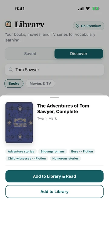 The Adventures of Tom Sawyer book result in TeakReader Discover, with its cover, author, subjects, and reading options.