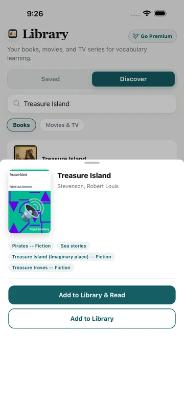 Treasure Island book result in TeakReader Discover, with its cover, author, subjects, and reading options.