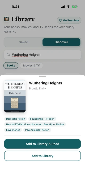 Wuthering Heights book result in TeakReader Discover, with its cover, author, subjects, and reading options.