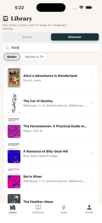 TeakReader Project Gutenberg search screen for finding public-domain books to learn English.