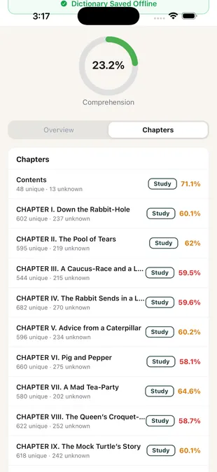Chapter-level comprehension list with unknown counts and Study buttons in TeakReader.