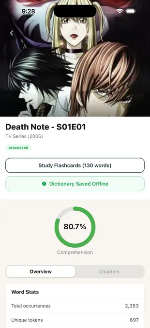 TV subtitle vocabulary screen inside TeakReader.