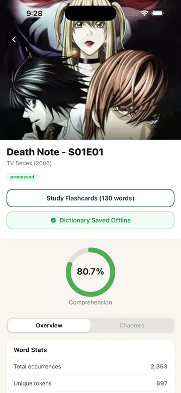 TeakReader anime vocabulary detail screen for previewing English subtitle words before watching.
