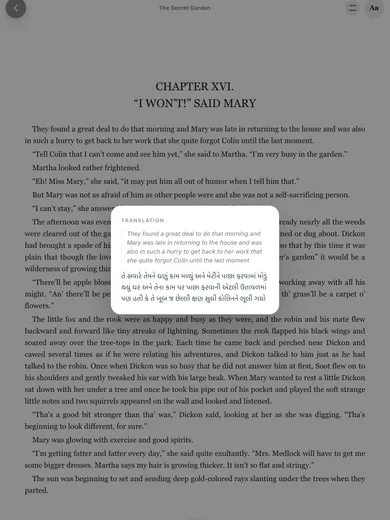 Full sentence translation view for a difficult English passage in TeakReader.