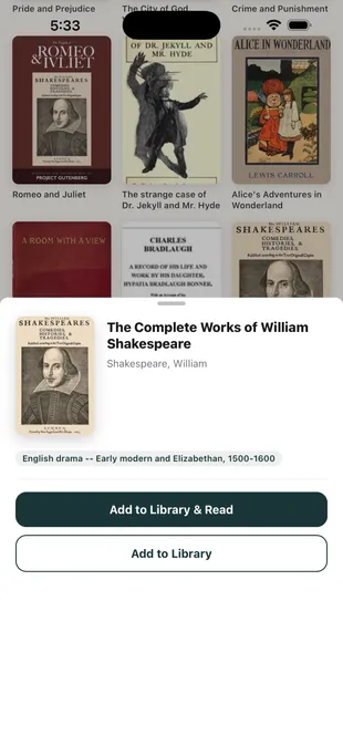 Book detail or library screen after adding a Gutenberg classic.