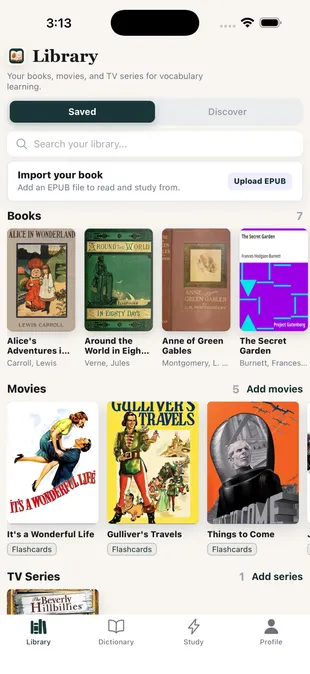 TeakReader library showing books alongside movies and TV.