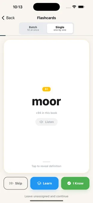 TeakReader flashcard for reviewing English vocabulary from subtitles.