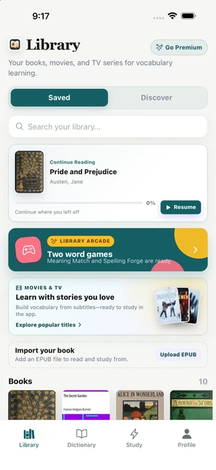 Current TeakReader mobile library with EPUB books, movie vocabulary, TV series, flashcards, and word games.