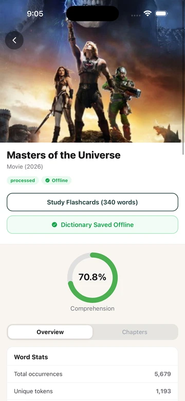 TeakReader movie screen with a comprehension score and a Study Flashcards button.
