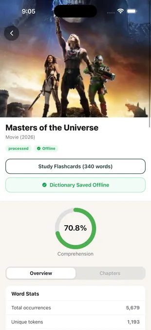 TeakReader movie screen with vocabulary study controls.