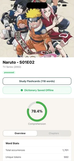 TeakReader anime vocabulary screen for English subtitle study.