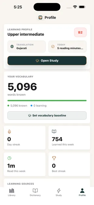 Profile or stats screen showing overall vocabulary level, known words, or learner level.