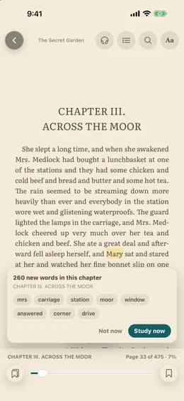 Card showing 260 new words in Chapter III with a Study now button.