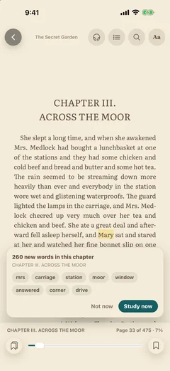 Card showing 260 new words in Chapter III with a Study now button.