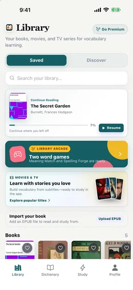 TeakReader Library with Continue Reading, word games, and books with heart buttons.