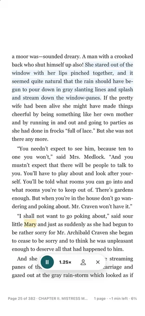A sentence highlighted while TeakReader reads it aloud, with pause, speed, voice, and stop buttons.