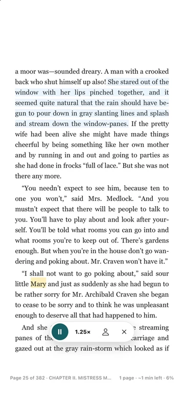TeakReader reading The Secret Garden out loud with the current sentence highlighted in blue and a small player at the bottom.