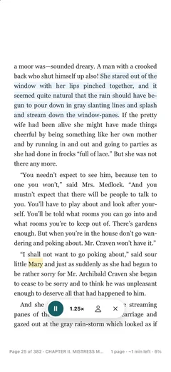 TeakReader reading a page aloud with the current sentence highlighted.