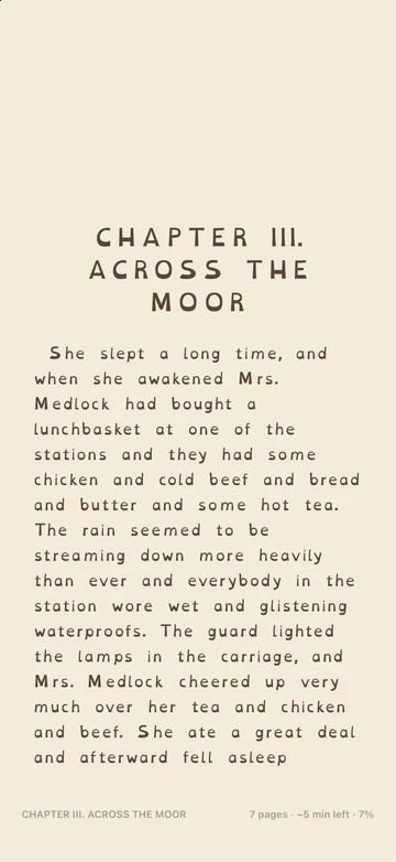 A page of The Secret Garden in TeakReader set in the OpenDyslexic font on a sepia background with wide line spacing.