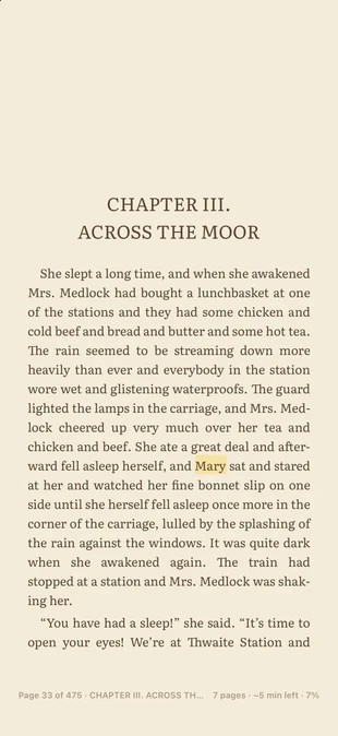 An EPUB page in TeakReader's sepia theme, with a word the reader is learning softly tinted.