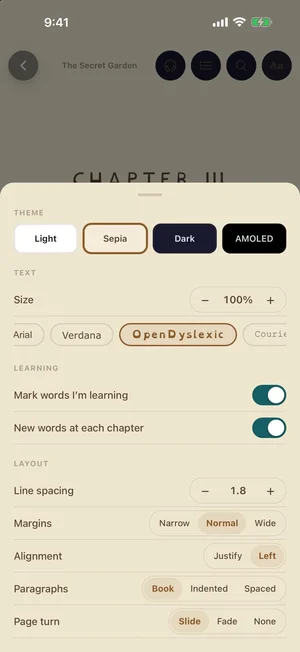 TeakReader settings with Sepia theme, OpenDyslexic font, line spacing 1.8, and left alignment selected.