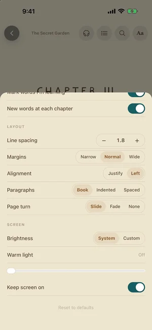 TeakReader screen settings with brightness, warm light, and keep screen on.