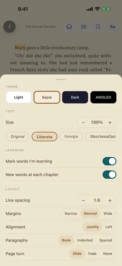Reader settings with Sepia theme, font choices, and layout options.