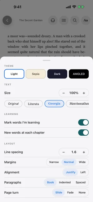 Reader settings with themes, fonts, learning toggles, and layout options.