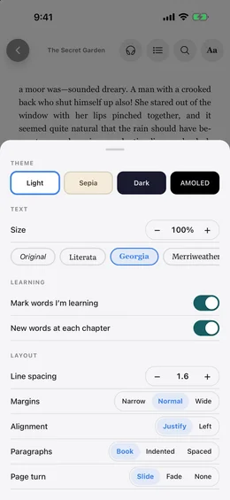 Reader settings with themes, fonts, learning toggles, and layout options.