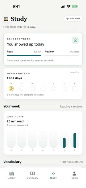 Study screen showing today’s reading and review goals and a weekly rhythm.