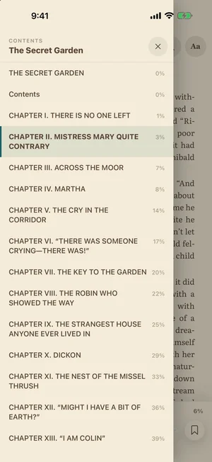Contents with the current chapter marked and the position of each chapter.