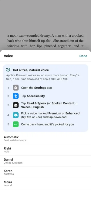 Voice picker in TeakReader listing English voices from India, the United Kingdom, Australia, and Ireland, with steps to download a free natural voice.